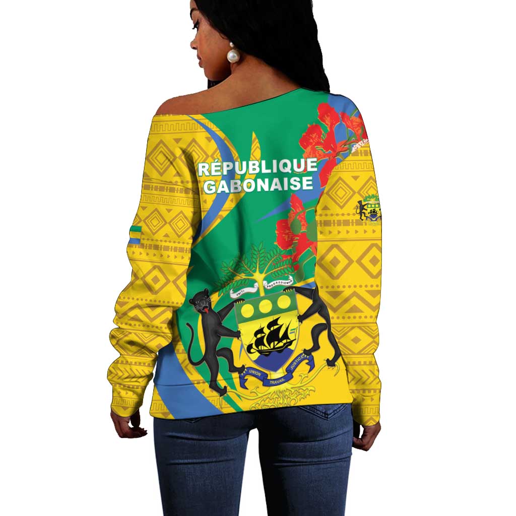 Gabon Independence Day Off Shoulder Sweater Gabonaise Flamboyant African Pattern LT01