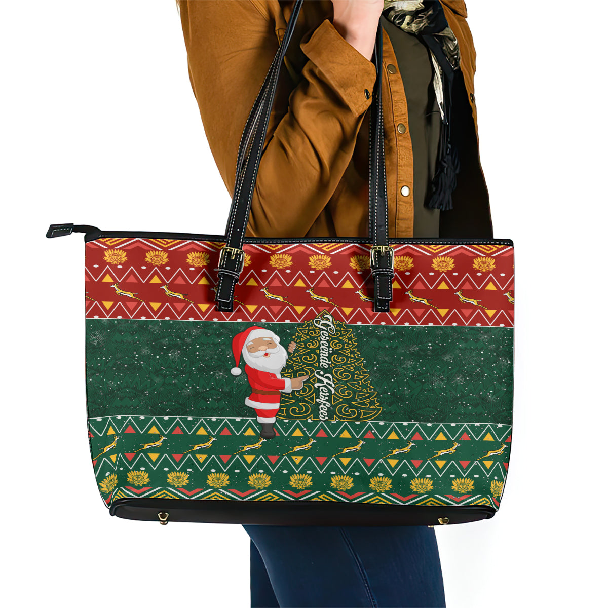 Custom South Africa Christmas Leather Tote Bag Geseende Kersfees Santa Claus African Pattern LT01