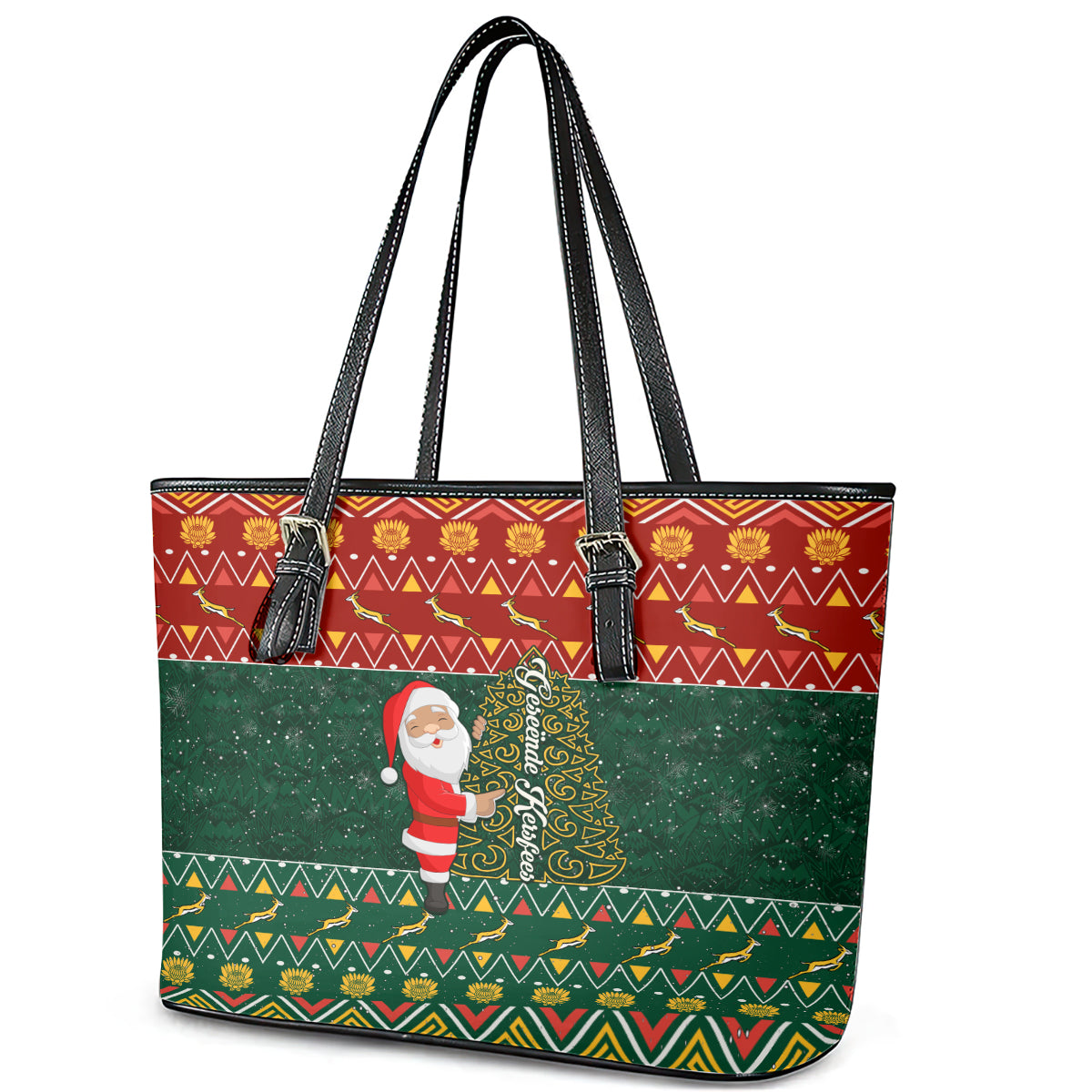Custom South Africa Christmas Leather Tote Bag Geseende Kersfees Santa Claus African Pattern LT01