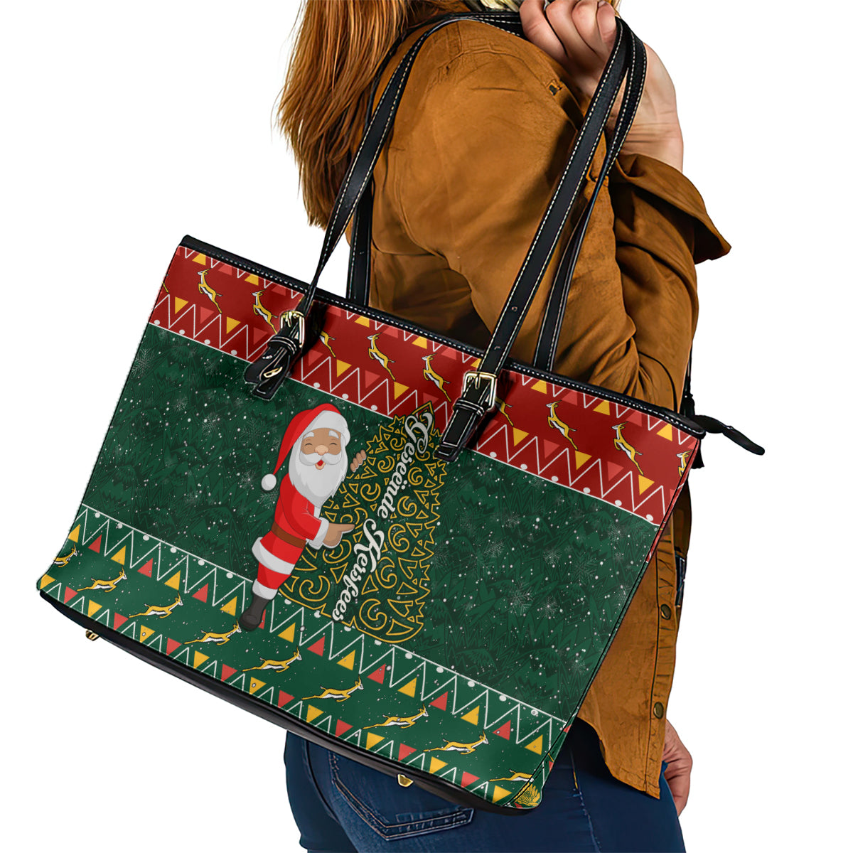 Custom South Africa Christmas Leather Tote Bag Geseende Kersfees Santa Claus African Pattern LT01