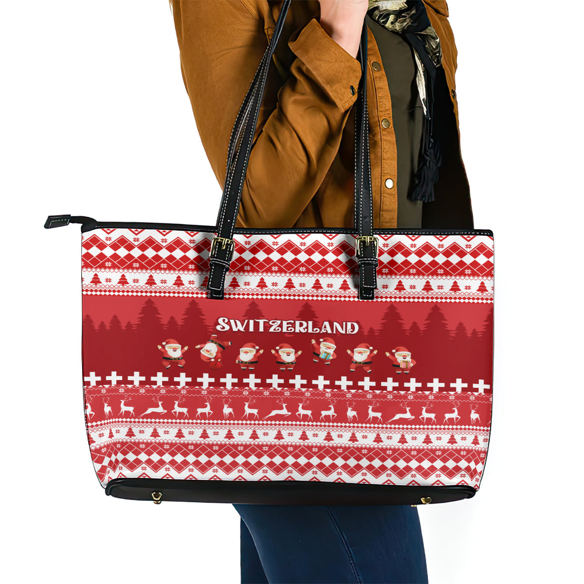 Custom Switzerland Christmas Leather Tote Bag Merry Christmas Funny Santa Claus LT01