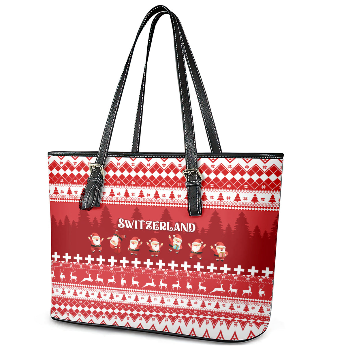 Custom Switzerland Christmas Leather Tote Bag Merry Christmas Funny Santa Claus LT01