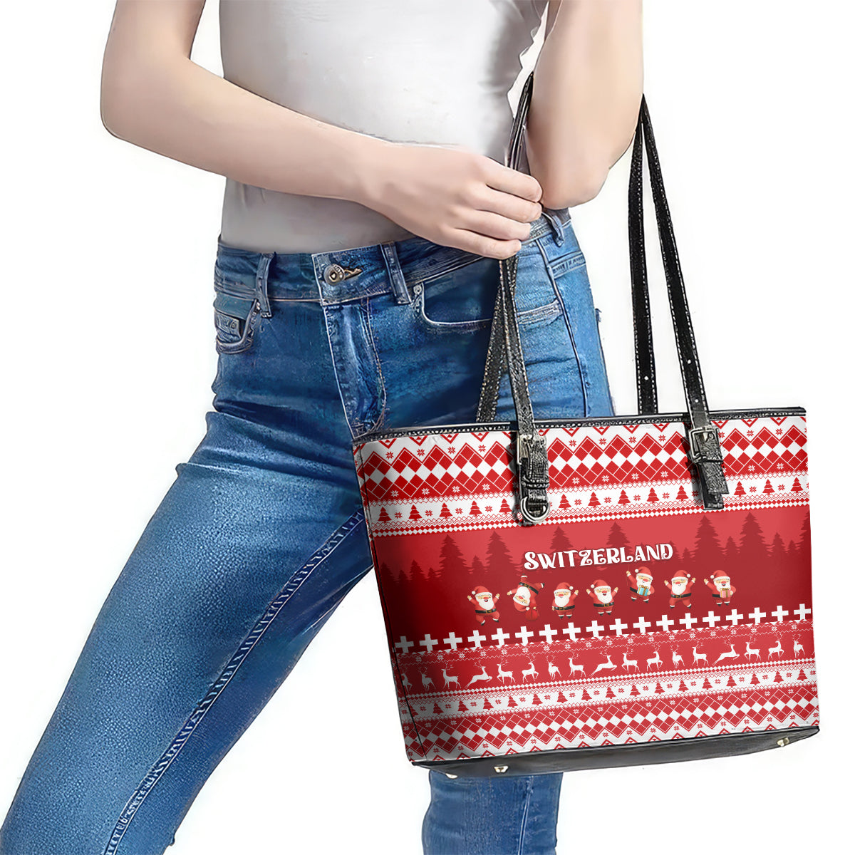 Custom Switzerland Christmas Leather Tote Bag Merry Christmas Funny Santa Claus LT01