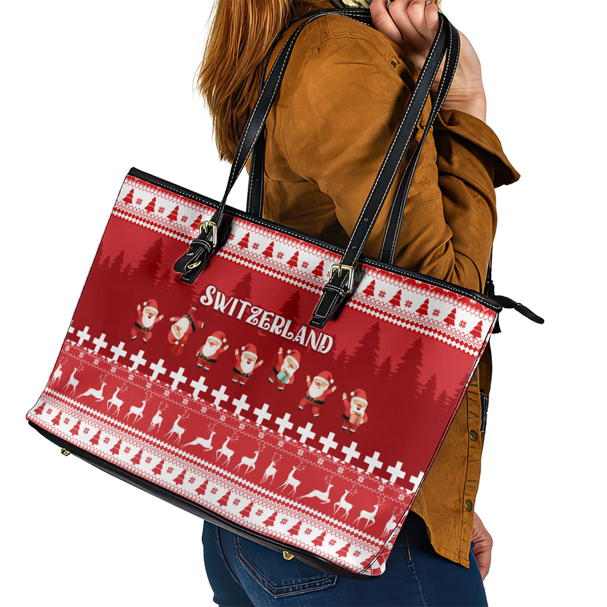 Custom Switzerland Christmas Leather Tote Bag Merry Christmas Funny Santa Claus LT01