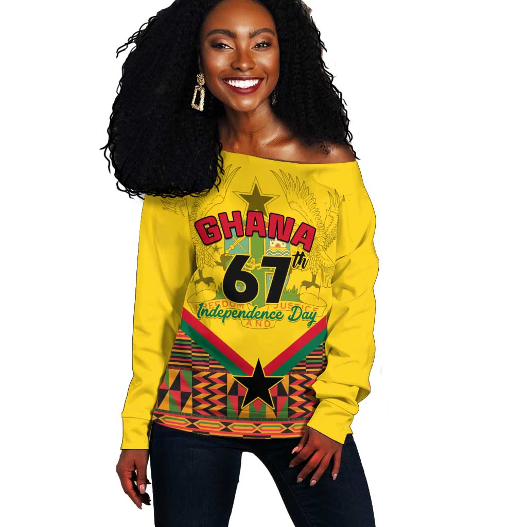 Ghana Independence Day Off Shoulder Sweater with Freedom and Justice and African Pattern LT01