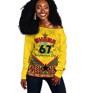 Ghana Independence Day Off Shoulder Sweater with Freedom and Justice and African Pattern LT01