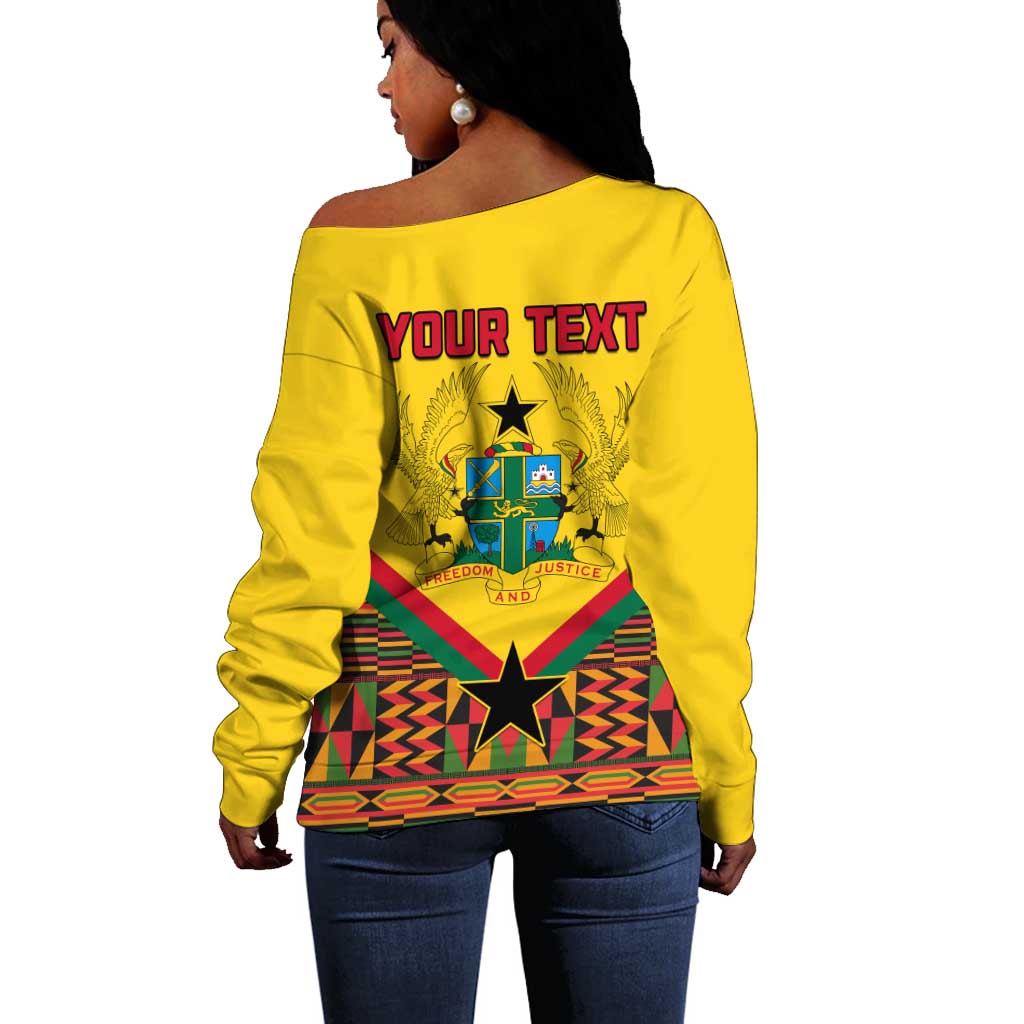Ghana Independence Day Off Shoulder Sweater with Freedom and Justice and African Pattern LT01