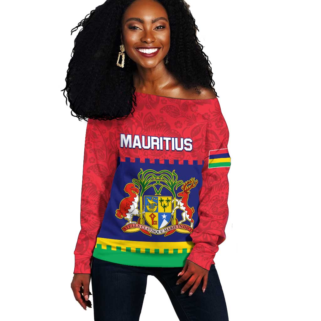 Mauritius Independence Day Off Shoulder Sweater with Stella Clavisque Maris Indici and Floral Pattern LT01