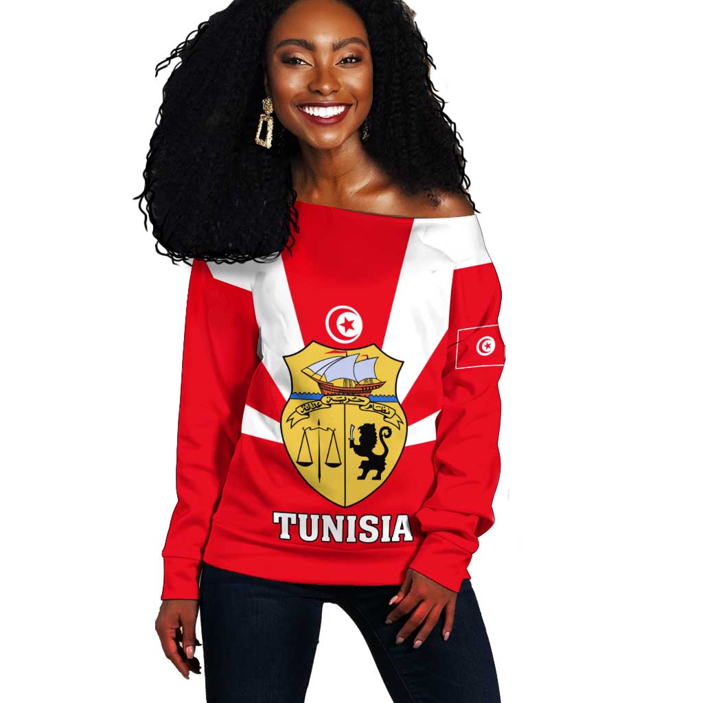Tunisia Independence Day Off Shoulder Sweater with Coat of Arms and Flag Style LT01