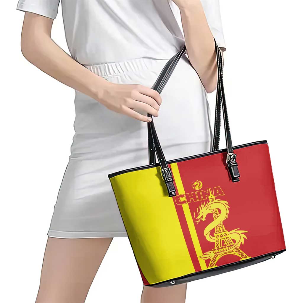 Custom China Leather Tote Bag Chinese Dragon With Eiffel Tower LT01