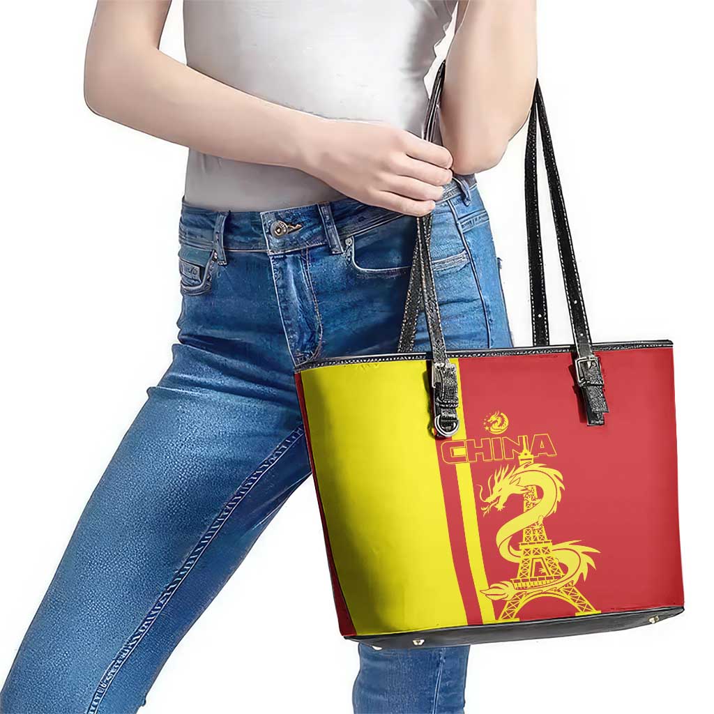Custom China Leather Tote Bag Chinese Dragon With Eiffel Tower LT01