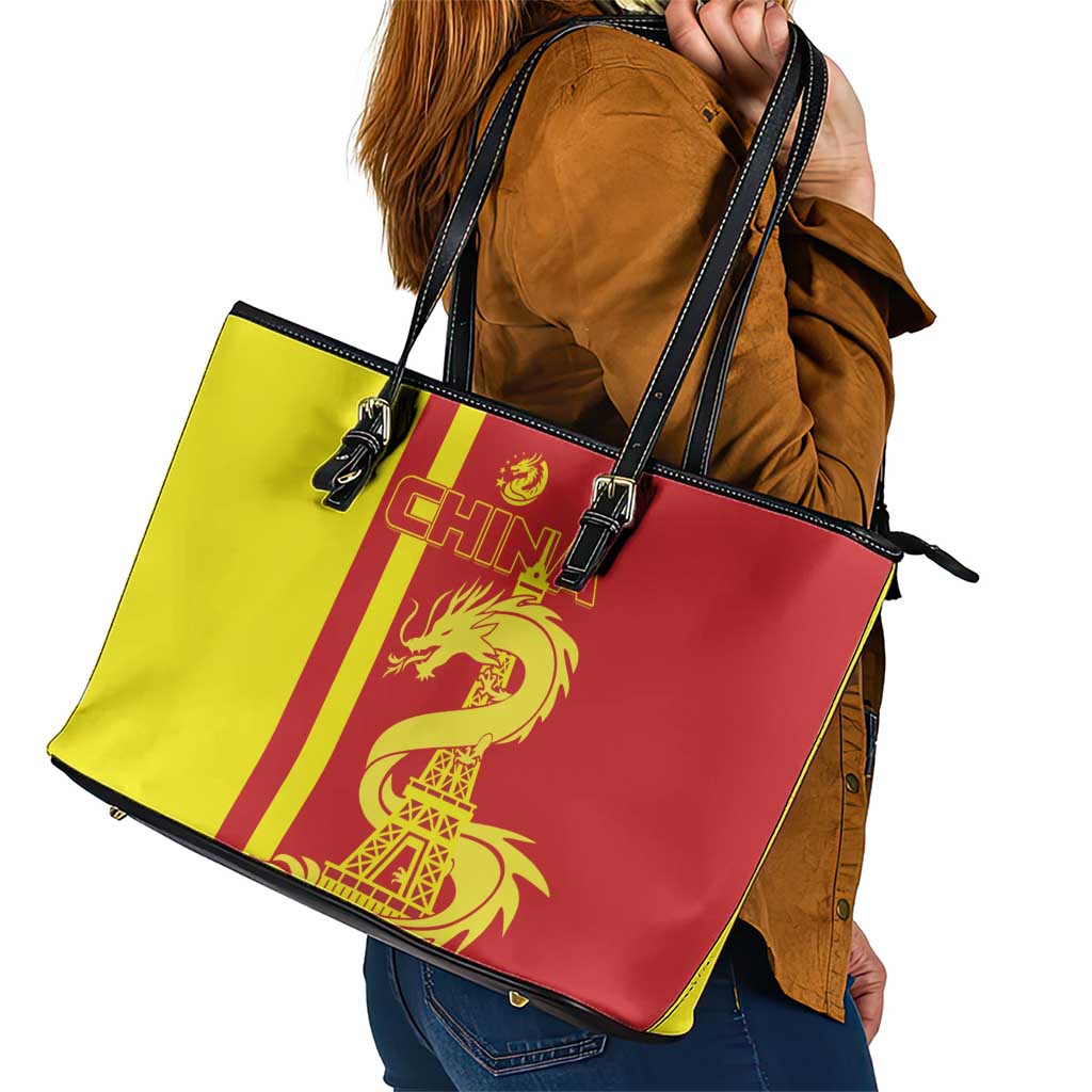 Custom China Leather Tote Bag Chinese Dragon With Eiffel Tower LT01