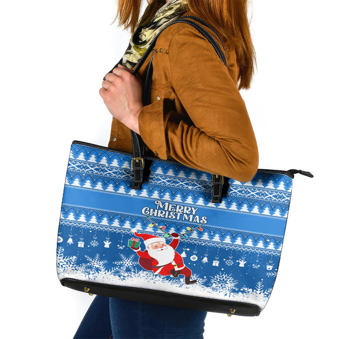Custom Scotland Christmas Leather Tote Bag Merry Christmas Santa Claus Gift LT01