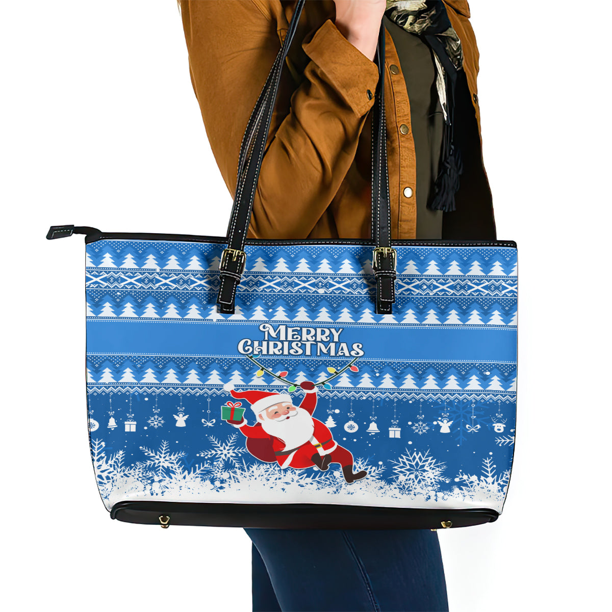 Custom Scotland Christmas Leather Tote Bag Merry Christmas Santa Claus Gift LT01