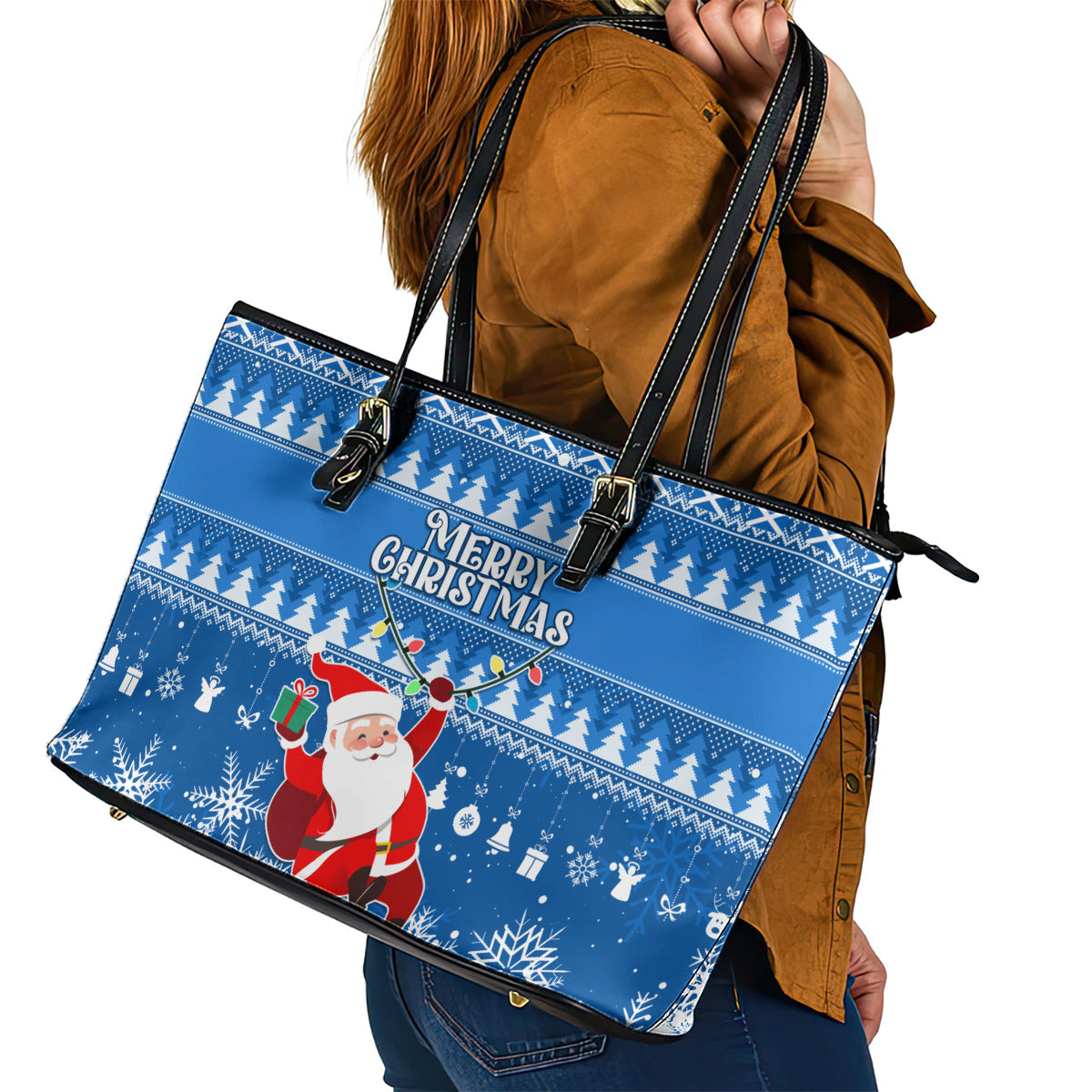 Custom Scotland Christmas Leather Tote Bag Merry Christmas Santa Claus Gift LT01