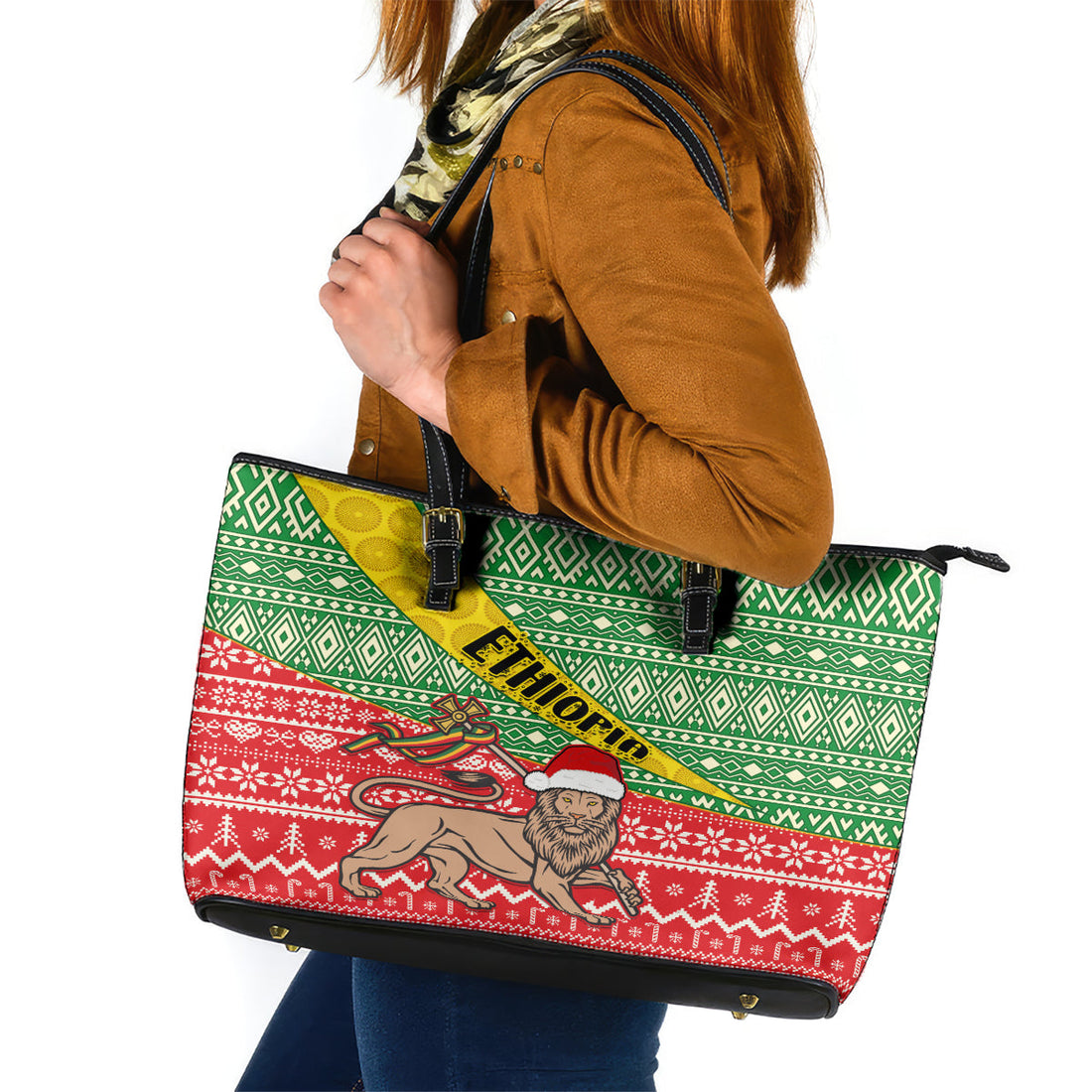Ethiopia Christmas Leather Tote Bag Melkam Gena African Pattern LT01