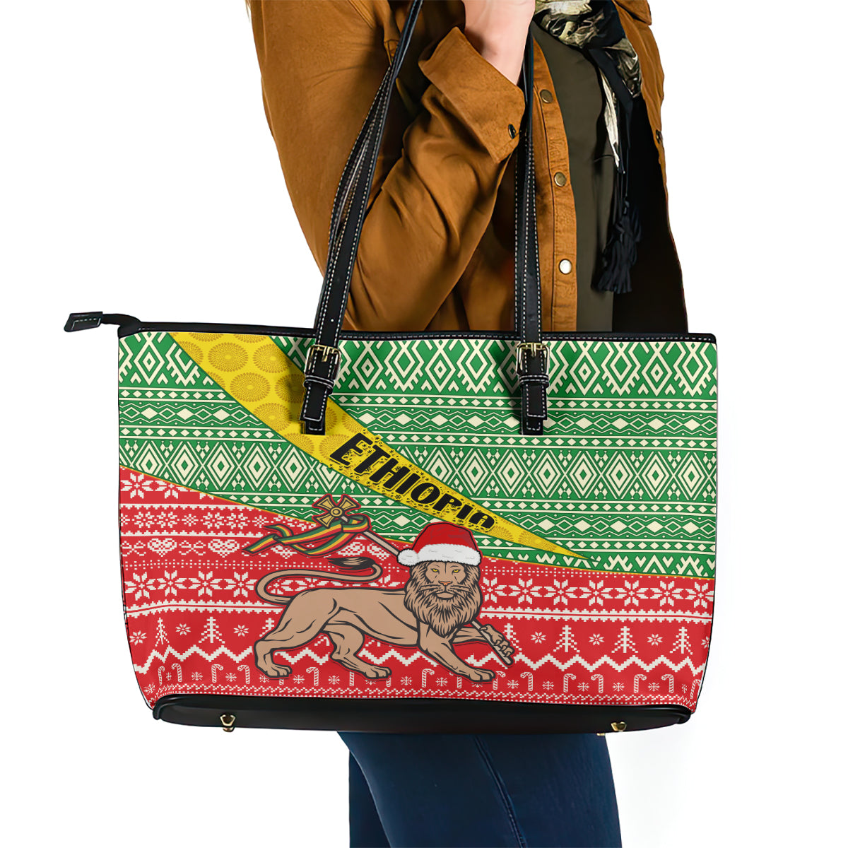 Ethiopia Christmas Leather Tote Bag Melkam Gena African Pattern LT01