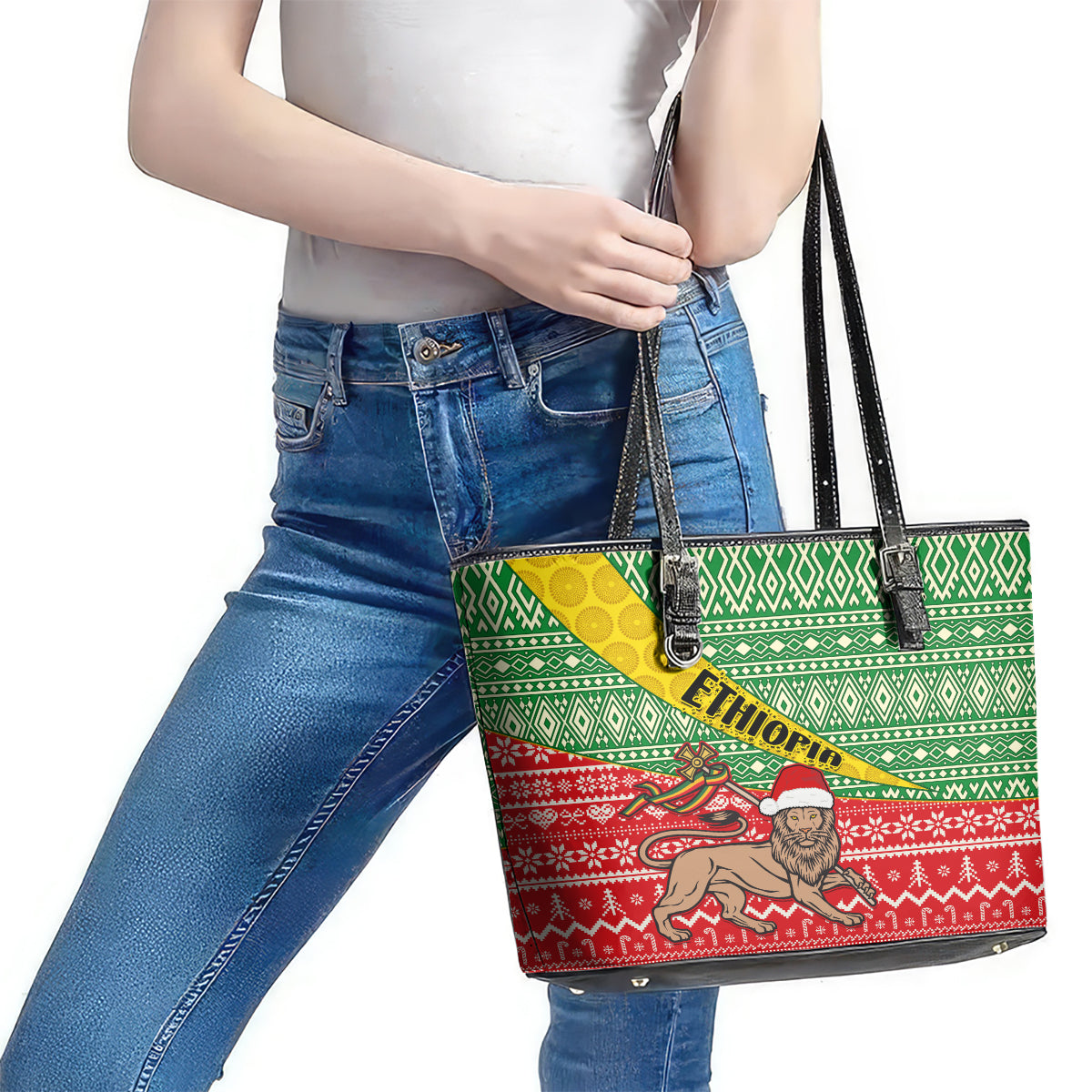 Ethiopia Christmas Leather Tote Bag Melkam Gena African Pattern LT01