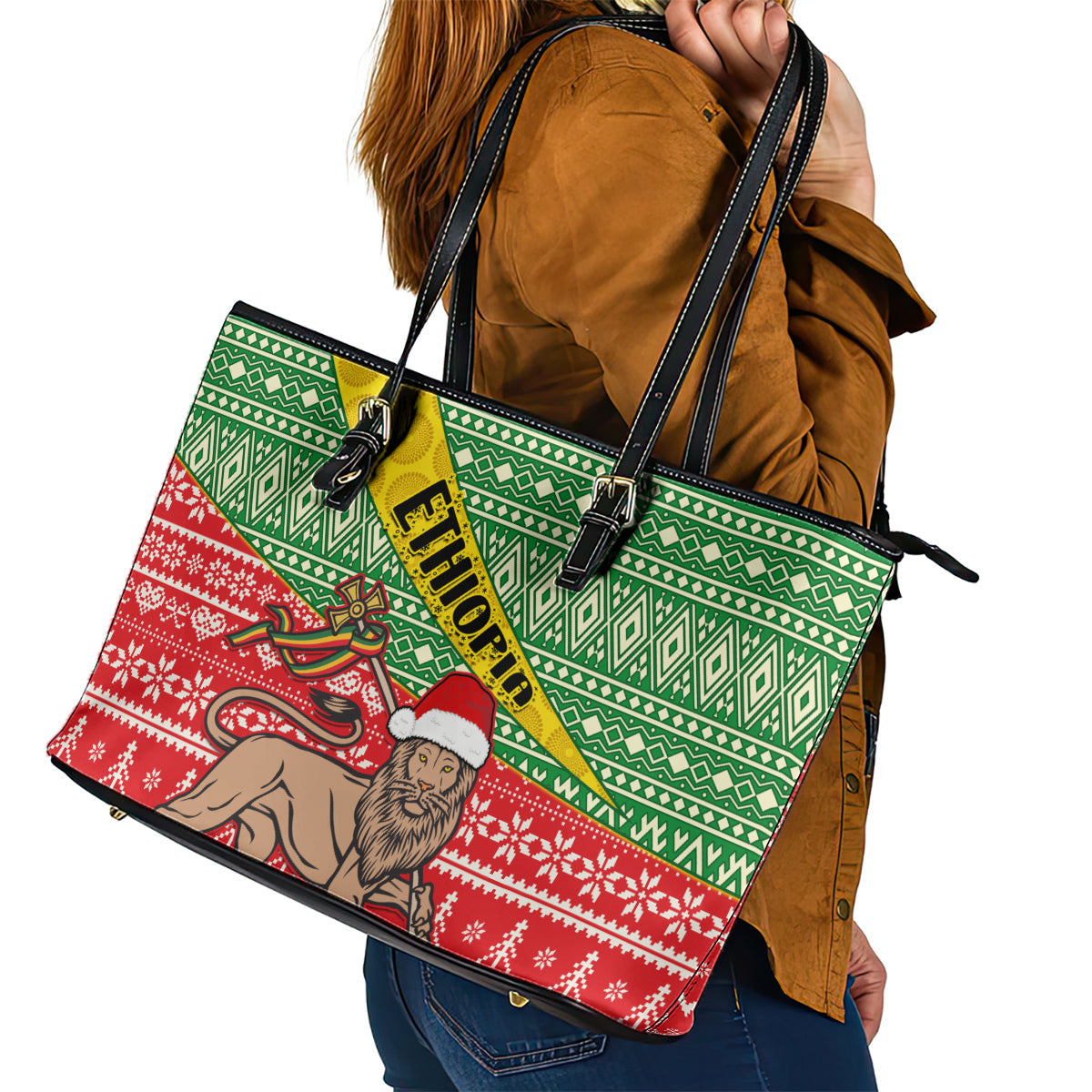Ethiopia Christmas Leather Tote Bag Melkam Gena African Pattern LT01