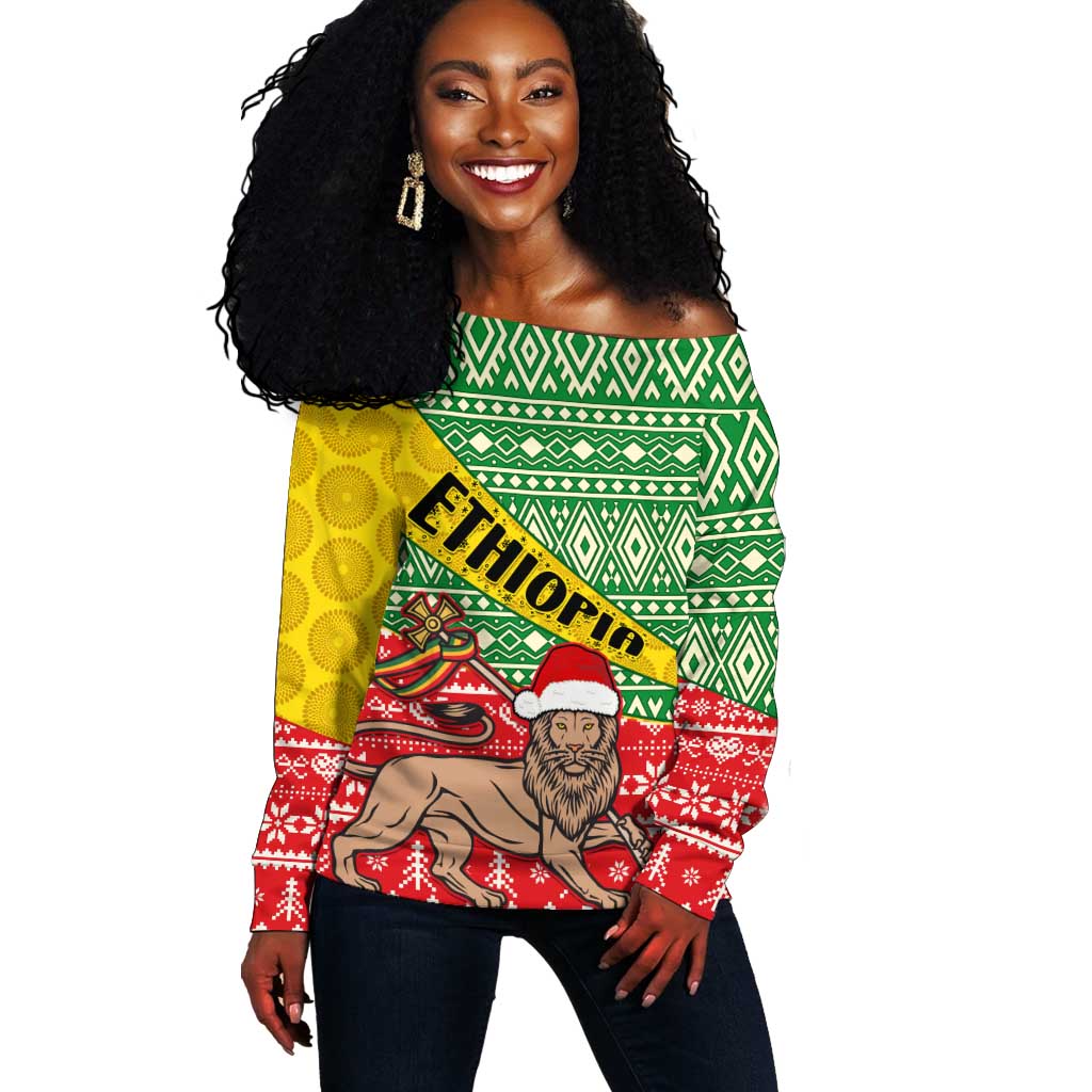 Ethiopia Christmas Off Shoulder Sweater - Melkam Gena with African Pattern LT01