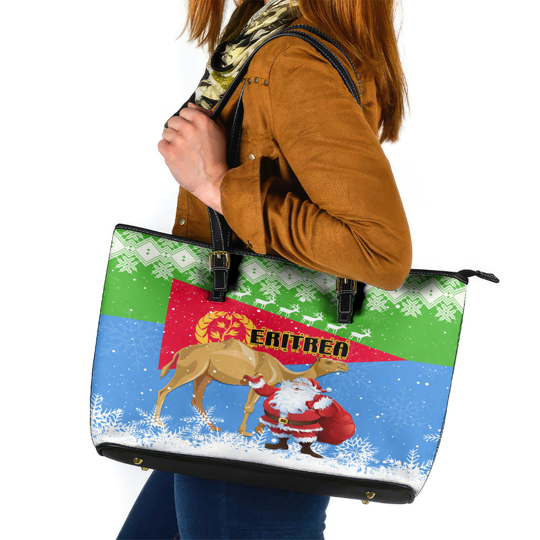 Custom Eritrea Christmas Leather Tote Bag Santa Claus With Dromedary Camel LT01