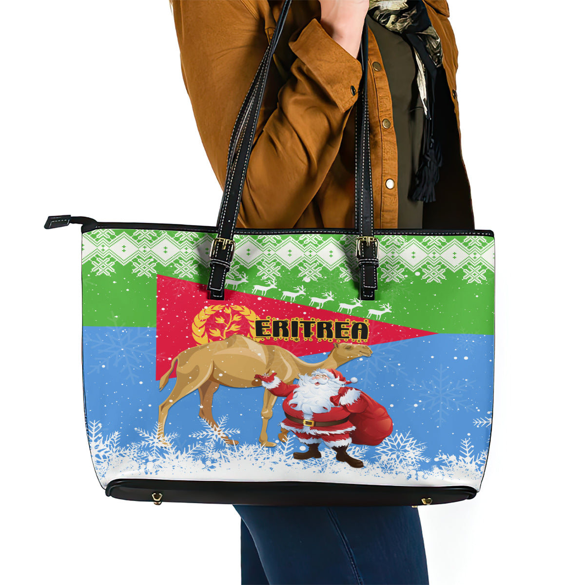 Custom Eritrea Christmas Leather Tote Bag Santa Claus With Dromedary Camel LT01