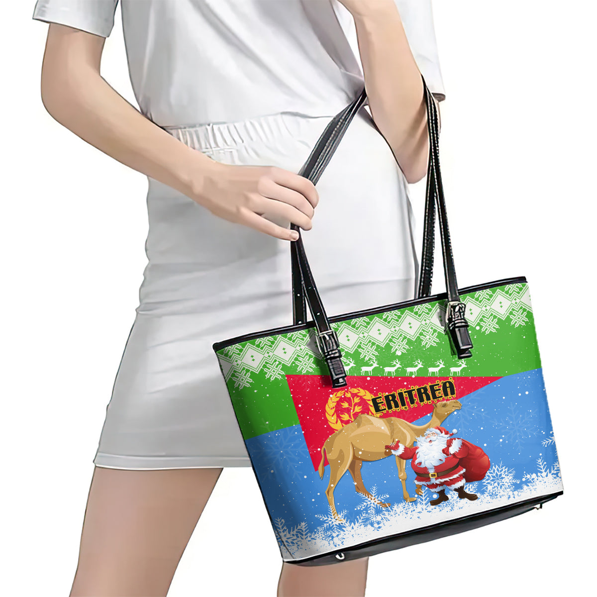 Custom Eritrea Christmas Leather Tote Bag Santa Claus With Dromedary Camel LT01