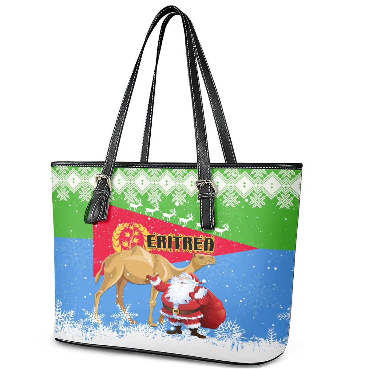 Custom Eritrea Christmas Leather Tote Bag Santa Claus With Dromedary Camel LT01