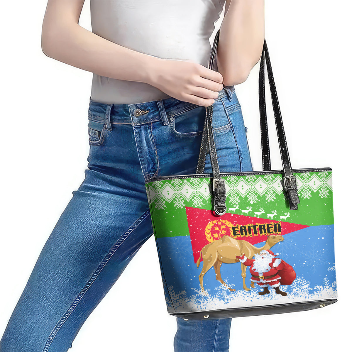 Custom Eritrea Christmas Leather Tote Bag Santa Claus With Dromedary Camel LT01