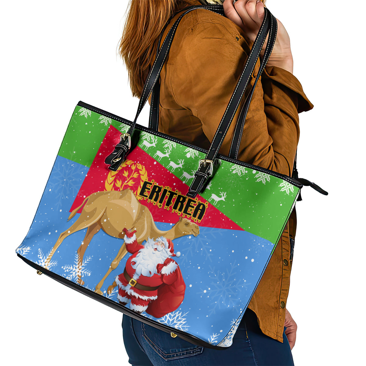 Custom Eritrea Christmas Leather Tote Bag Santa Claus With Dromedary Camel LT01
