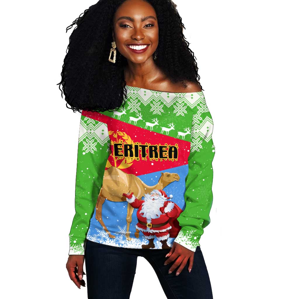 Custom Eritrea Christmas Off Shoulder Sweater with Santa Claus and Dromedary Camel LT01