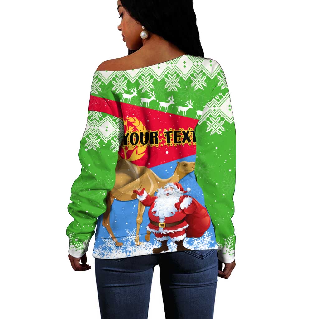Custom Eritrea Christmas Off Shoulder Sweater with Santa Claus and Dromedary Camel LT01