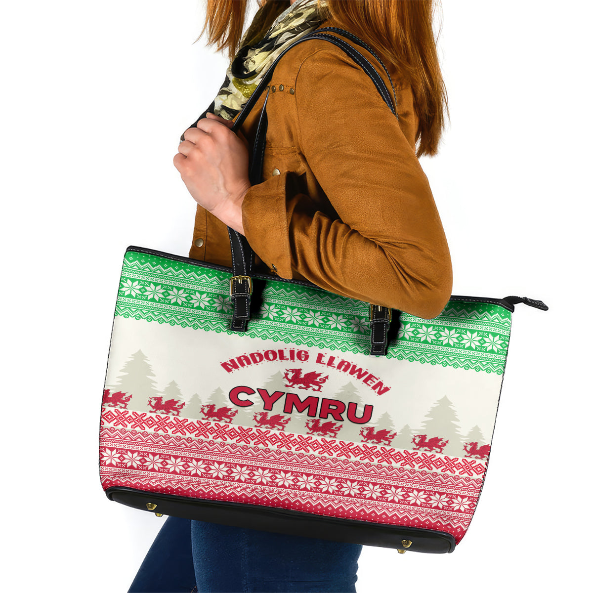 Custom Wales Christmas Leather Tote Bag Nadolig Llawen Welsh Dragon LT01