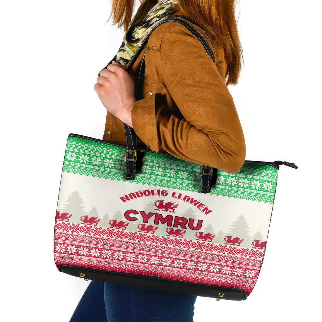 Custom Wales Christmas Leather Tote Bag Nadolig Llawen Welsh Dragon LT01