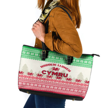 Custom Wales Christmas Leather Tote Bag Nadolig Llawen Welsh Dragon LT01