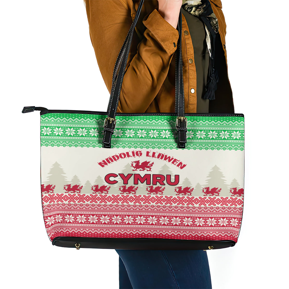 Custom Wales Christmas Leather Tote Bag Nadolig Llawen Welsh Dragon LT01