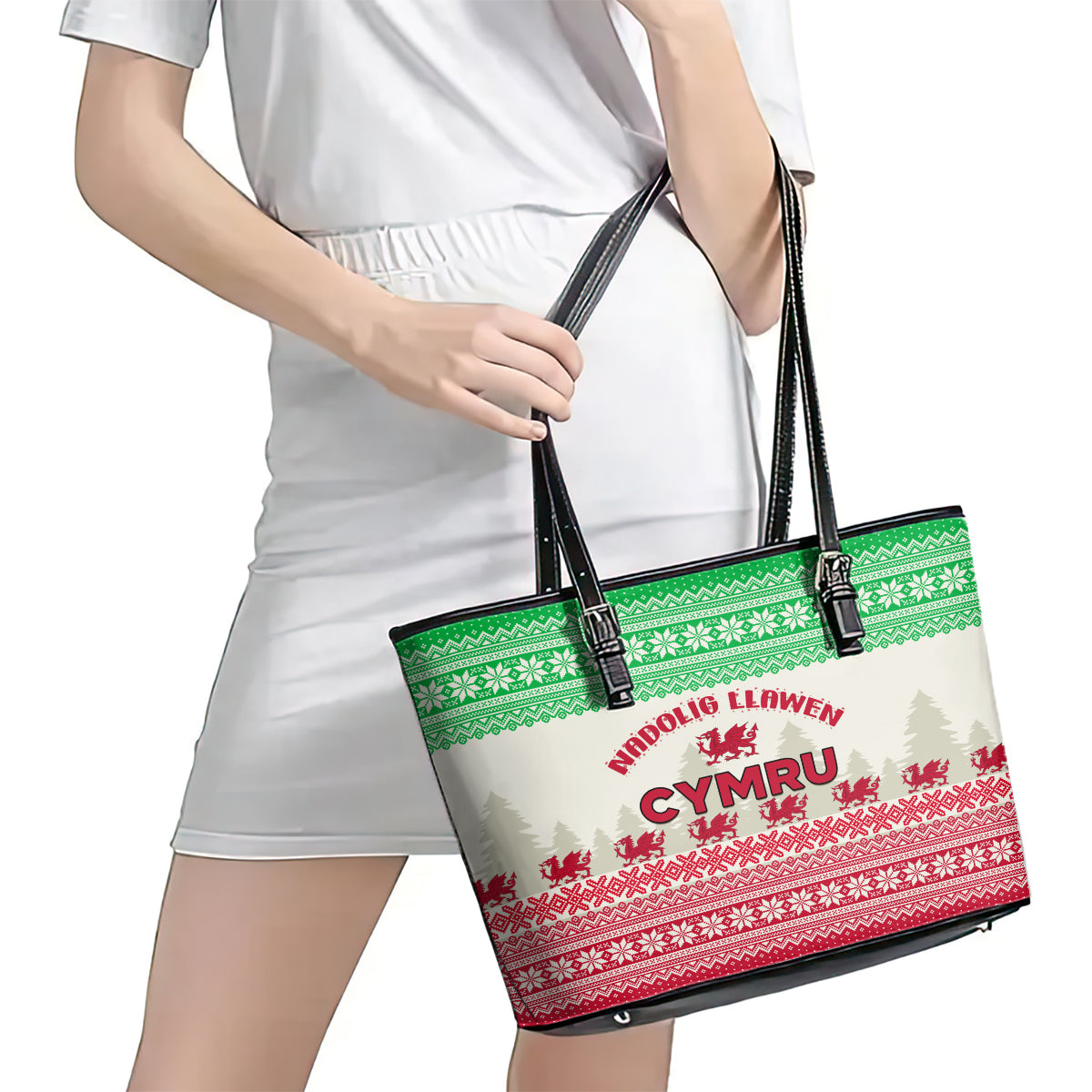 Custom Wales Christmas Leather Tote Bag Nadolig Llawen Welsh Dragon LT01