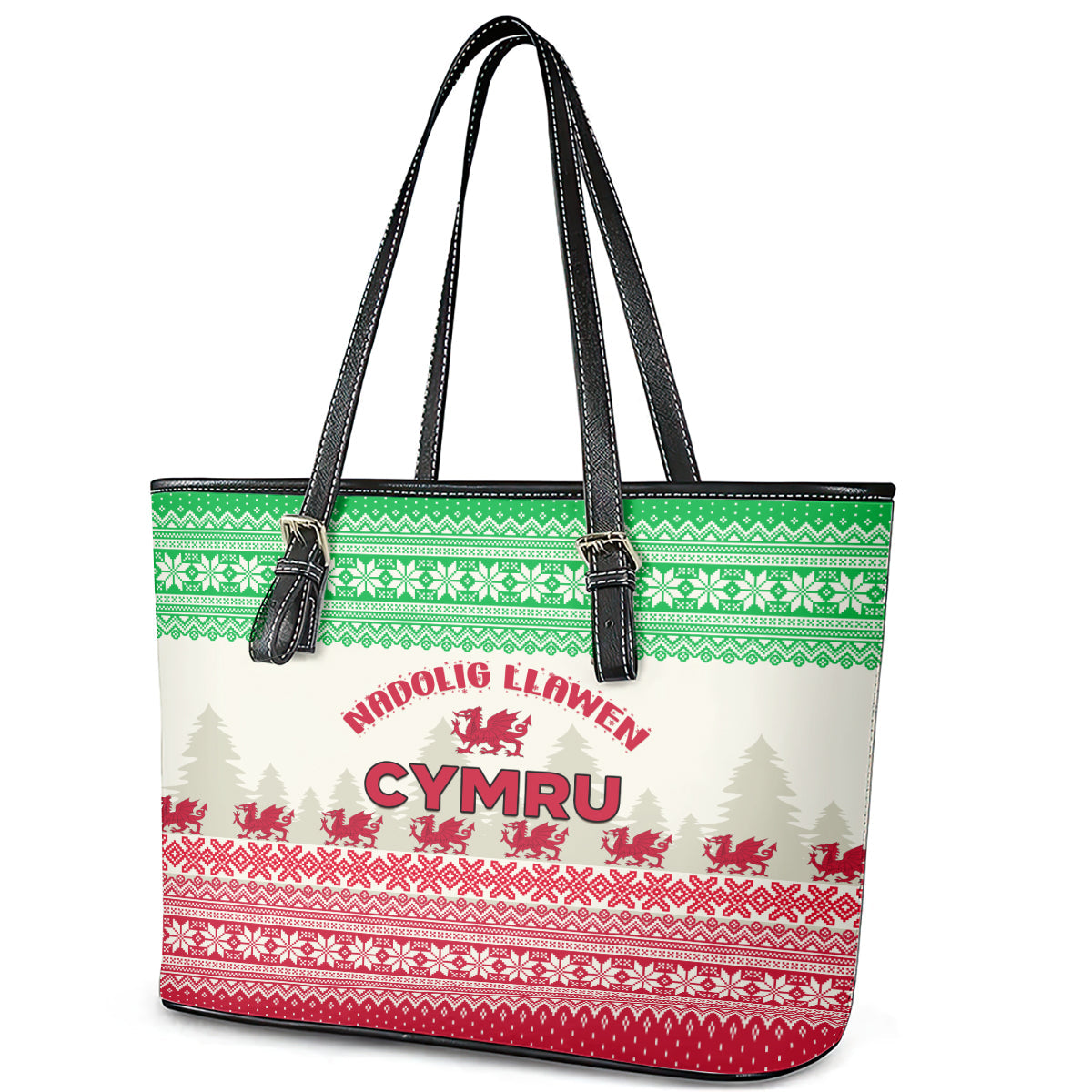 Custom Wales Christmas Leather Tote Bag Nadolig Llawen Welsh Dragon LT01