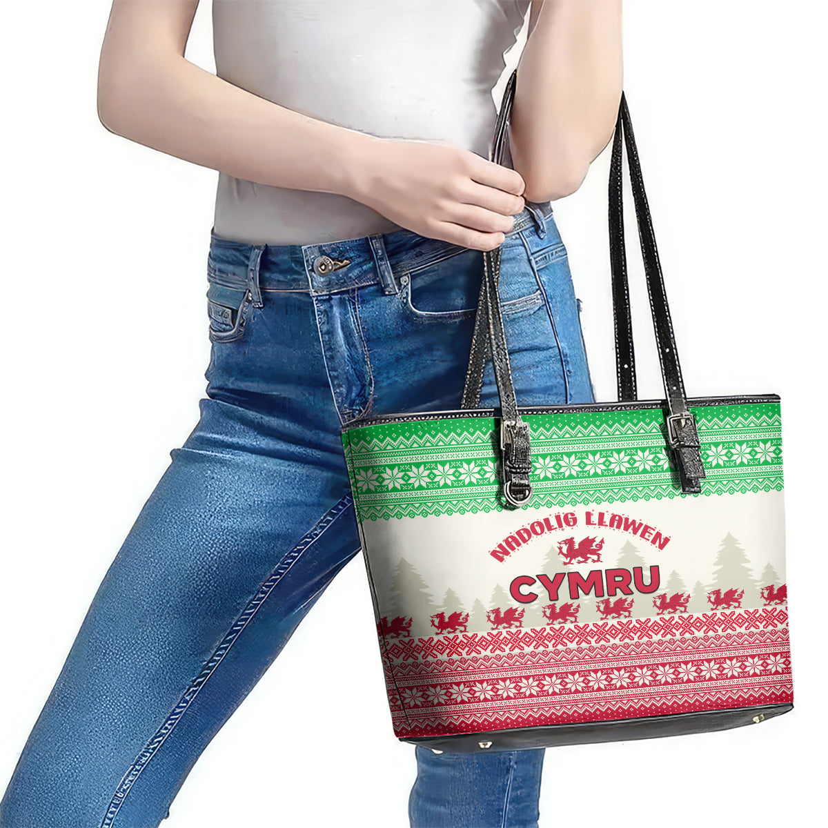 Custom Wales Christmas Leather Tote Bag Nadolig Llawen Welsh Dragon LT01