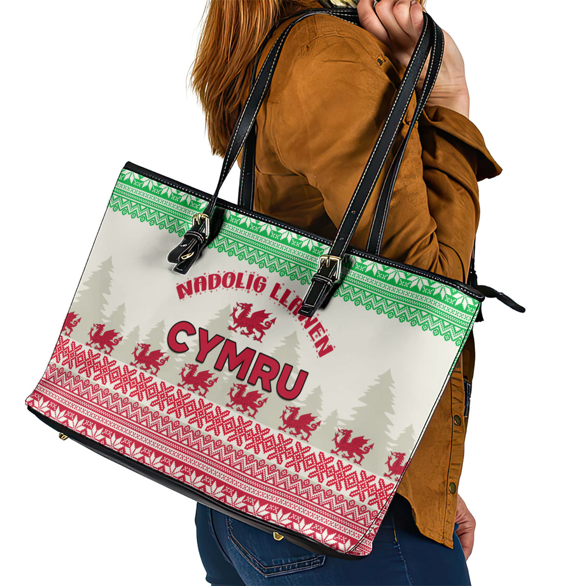 Custom Wales Christmas Leather Tote Bag Nadolig Llawen Welsh Dragon LT01