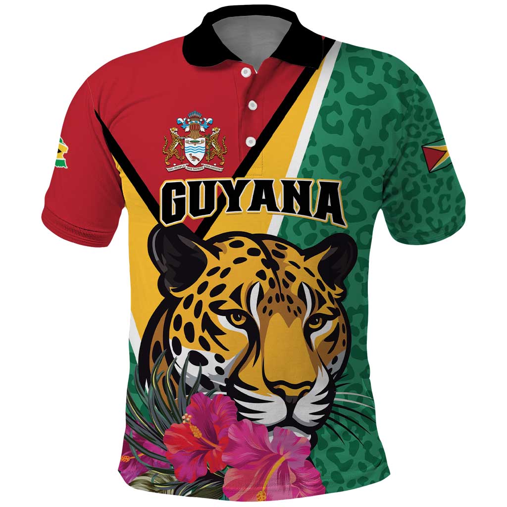 Personalized Guyana Polo Shirt Jaguar Tropical Flowers LT01