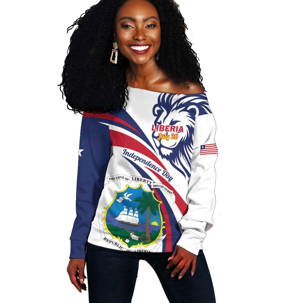 Liberia Independence Day Off Shoulder Sweater July 26 Lion Coat of Arms LT01