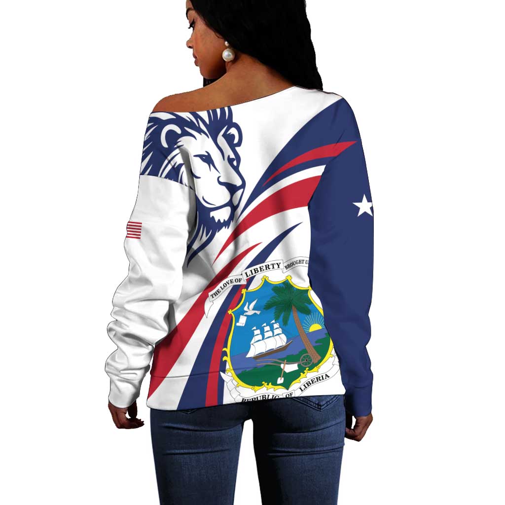 Liberia Independence Day Off Shoulder Sweater July 26 Lion Coat of Arms LT01