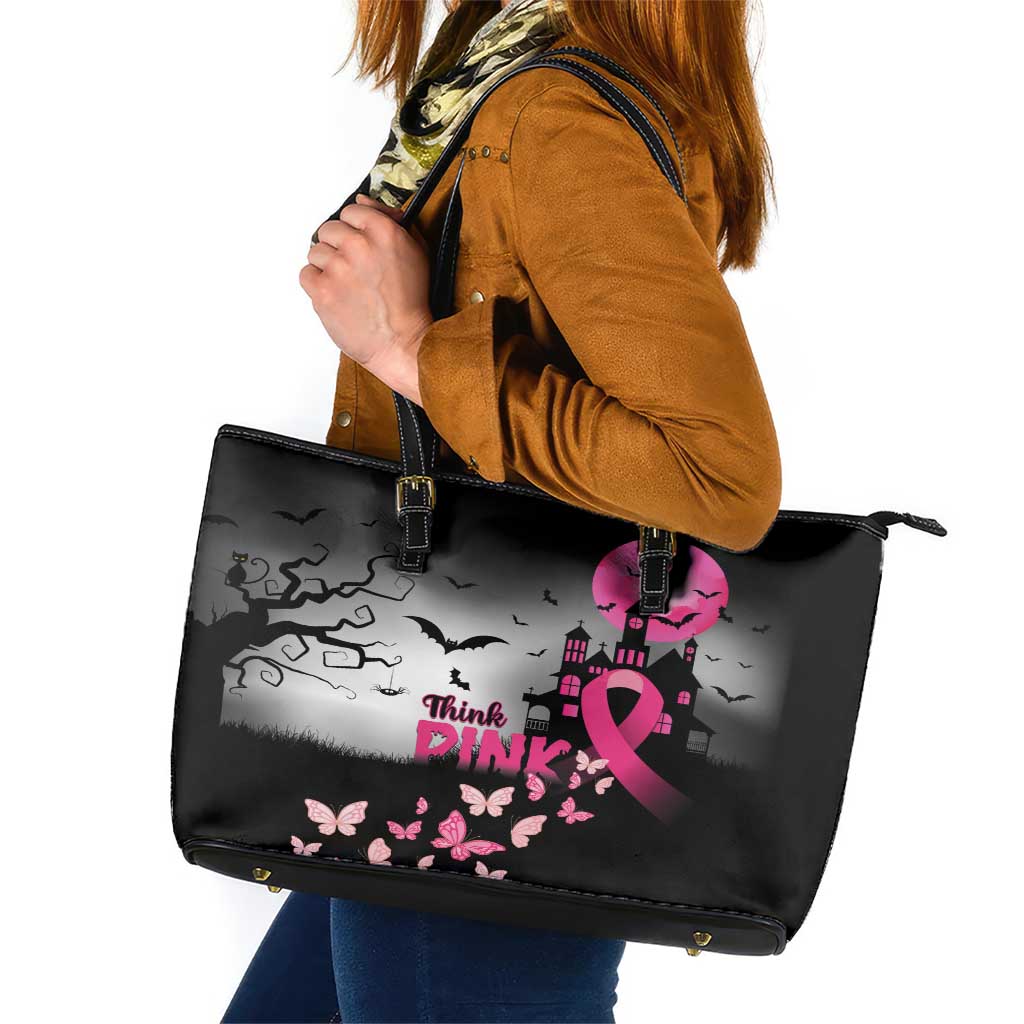 At Halloween We Think Pink Leather Tote Bag Pink Ribbon Butterflies LT01