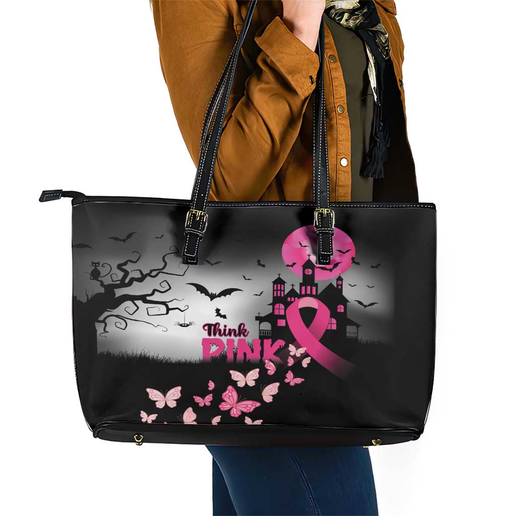 At Halloween We Think Pink Leather Tote Bag Pink Ribbon Butterflies LT01