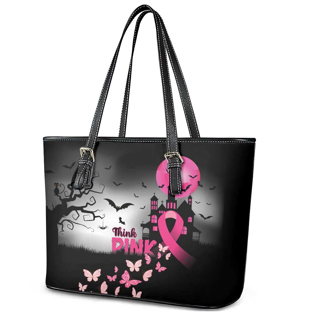 At Halloween We Think Pink Leather Tote Bag Pink Ribbon Butterflies LT01