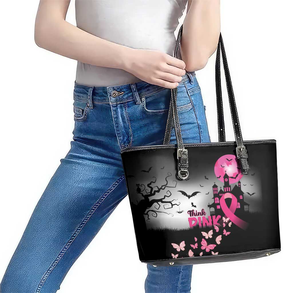 At Halloween We Think Pink Leather Tote Bag Pink Ribbon Butterflies LT01
