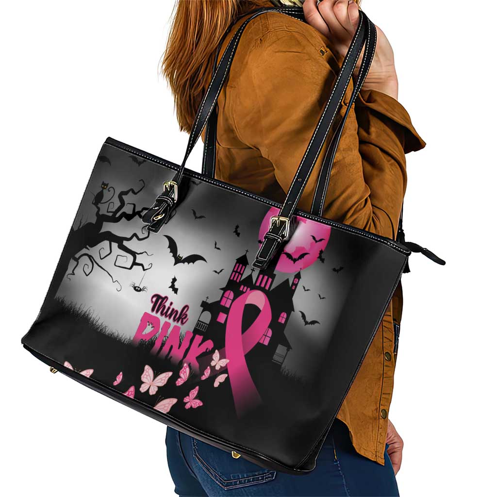 At Halloween We Think Pink Leather Tote Bag Pink Ribbon Butterflies LT01