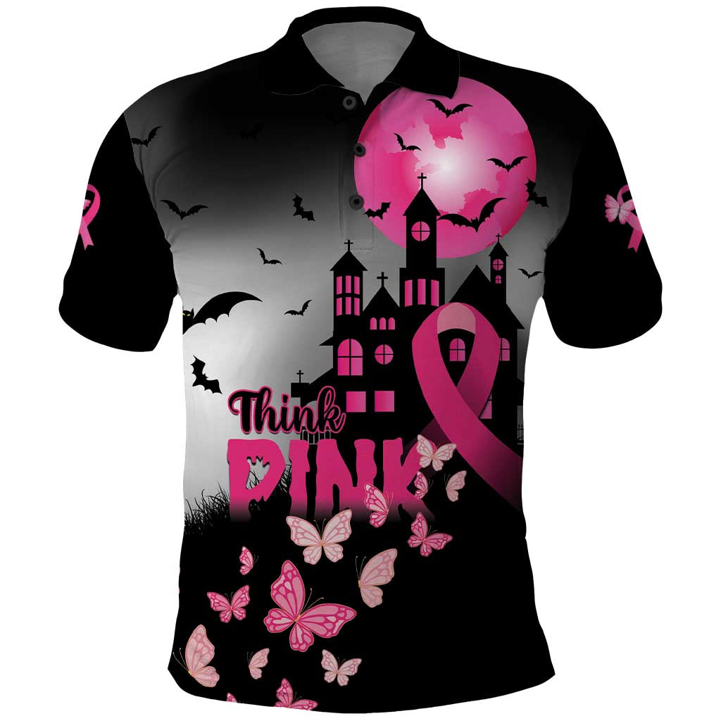 Personalized At Halloween We Think Pink Polo Shirt Pink Ribbon Butterflies LT01