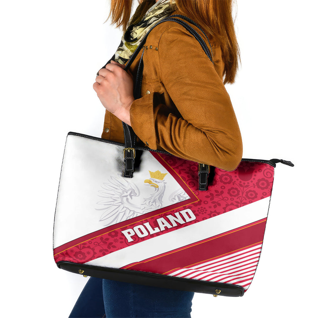 Poland Independence Day Leather Tote Bag Polska White Eagle Polish Floral Pattern LT01